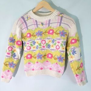 VTG CC Bates Cream Multicolored Floral Girls Sweater Sz L/6X Cottagecore Cute